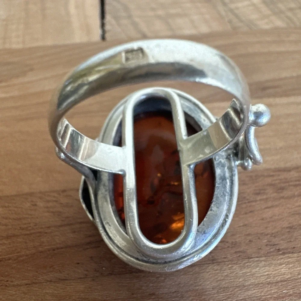 Vintage Artisan Brutalist Ring Size 7 Poland Baltic Amber 925 Sterling 12.5g MCM